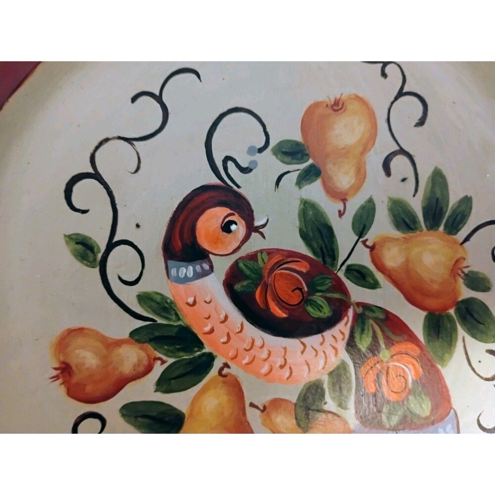 Vtg Hand Painted Wooden Folk Art Plate Partridge in Pear Tree Signed Sue Isaak